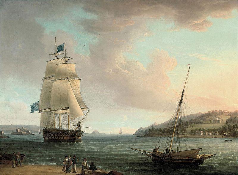 Thomas Whitcombe A crowded flagship of an Admiral of the Blue passing Mount Edgcumbe as she closes into port at Plymouth France oil painting art